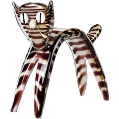 Vintage Murano Gold Flecks Striped Italian Art Glass Scared Kitty Cat Figure Sculpture