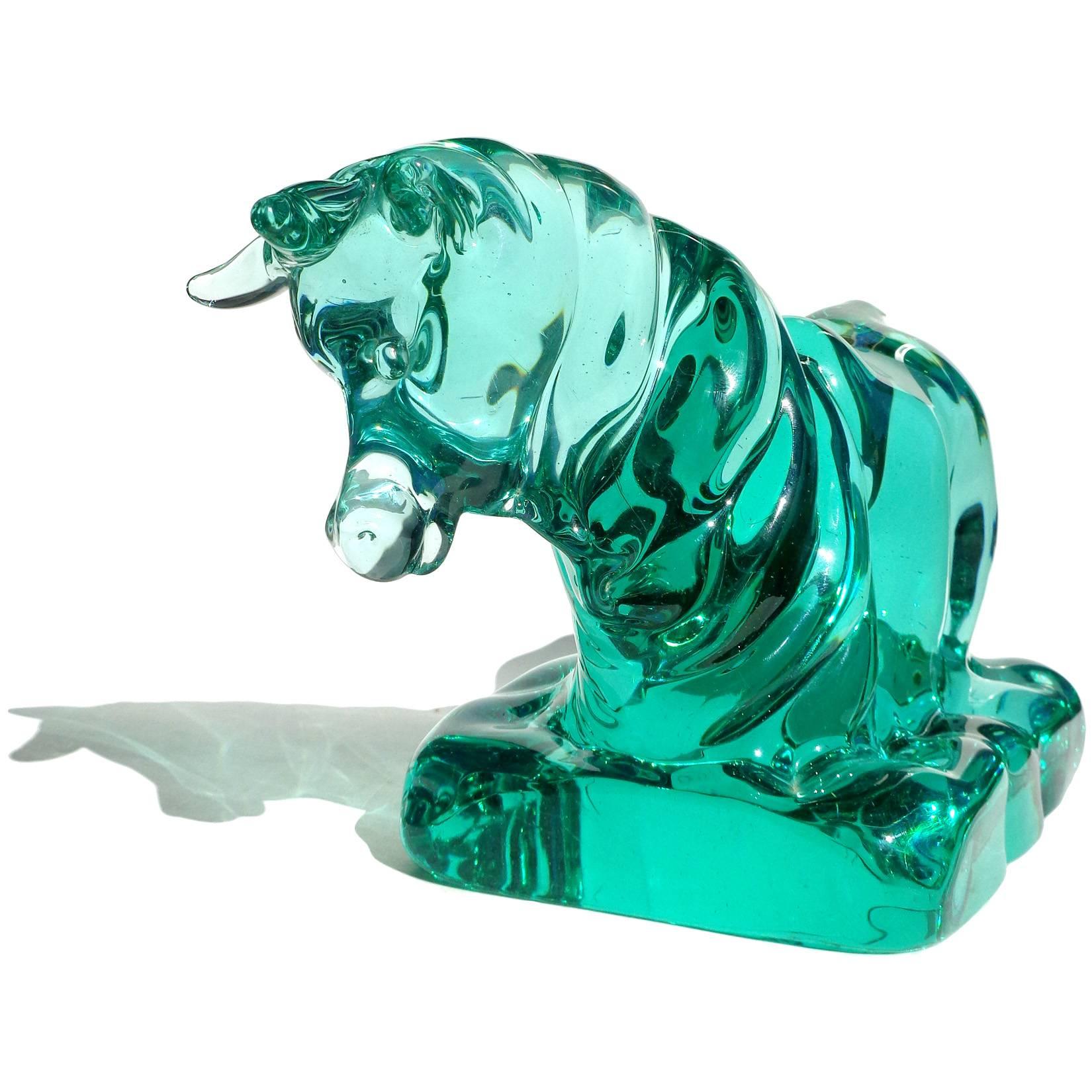 Art Deco Seguso Vetri d'Arte Murano Green Italian Art Glass Taurus Bull Figure Sculpture