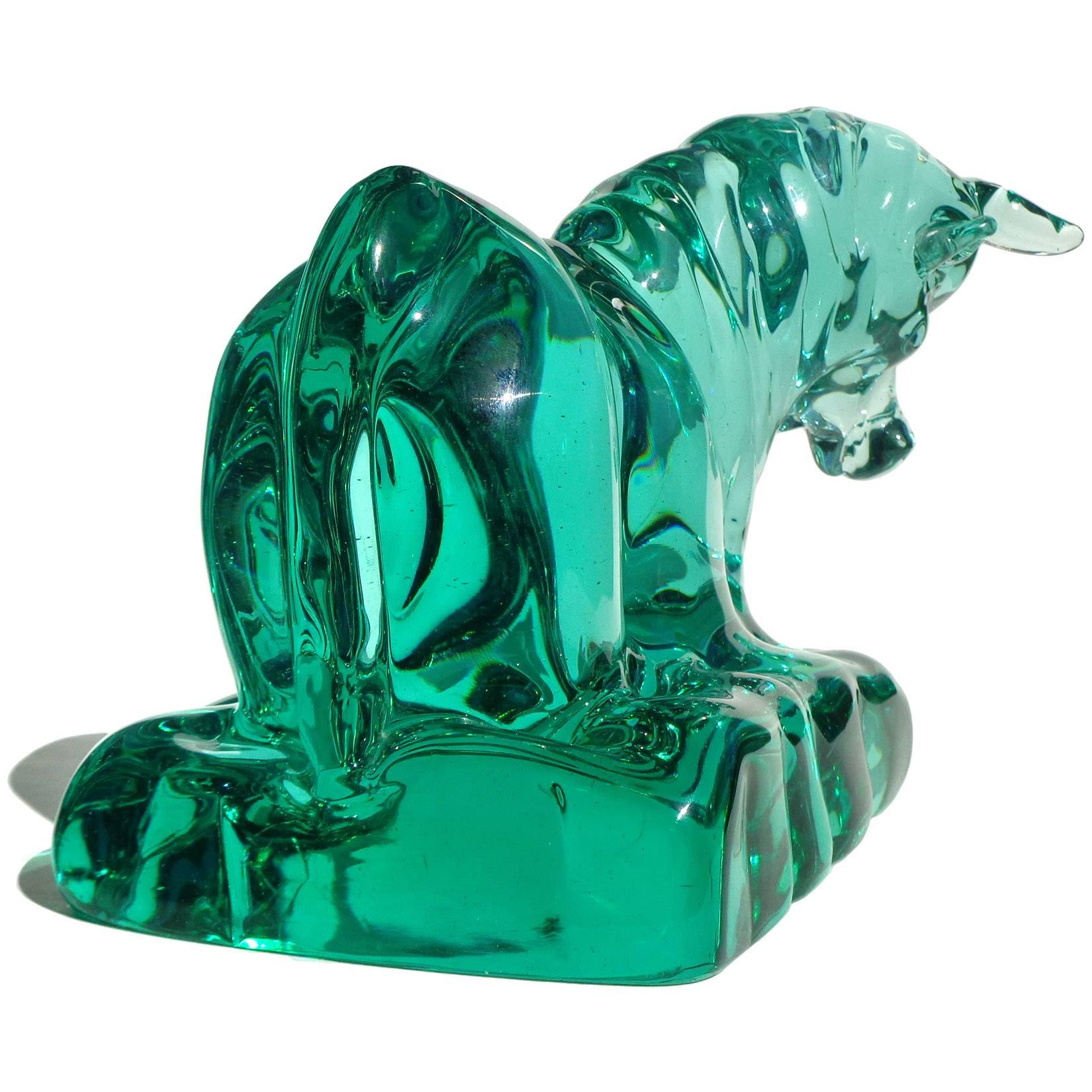 Seguso Vetri d'Arte Murano Green Italian Art Glass Taurus Bull Figure Sculpture In Good Condition In Kissimmee, FL
