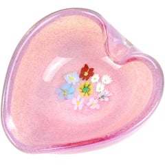 Fratelli Toso Murano Millefiori Pink Opalescent Italian Art Glass Heart Bowl