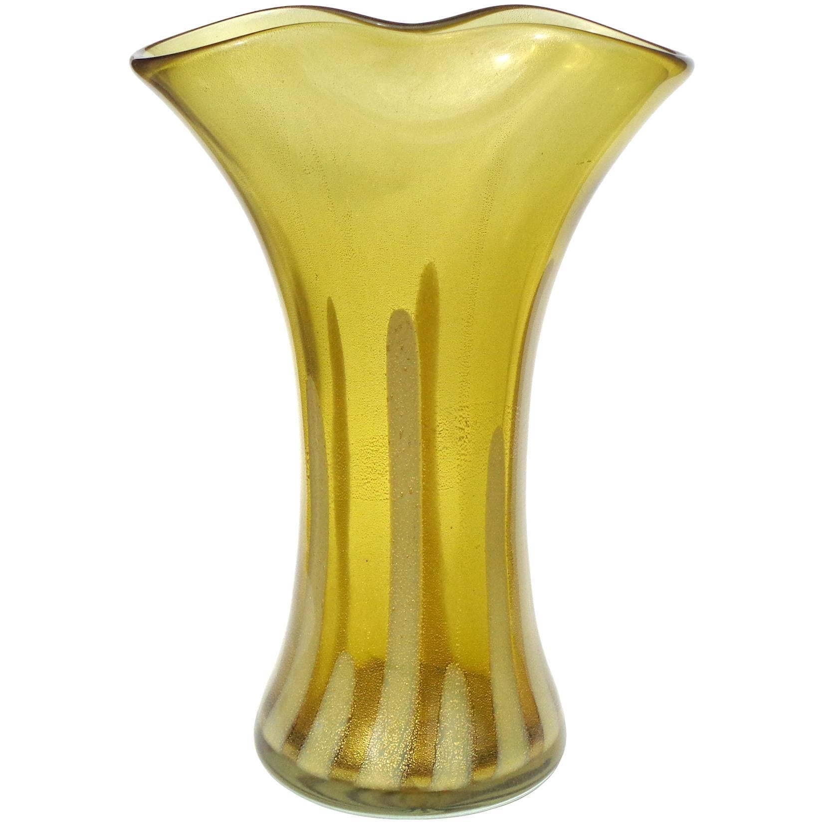 Alfredo Barbini Murano Olive Green Gold Flecks Italian Art Glass Flower Vase