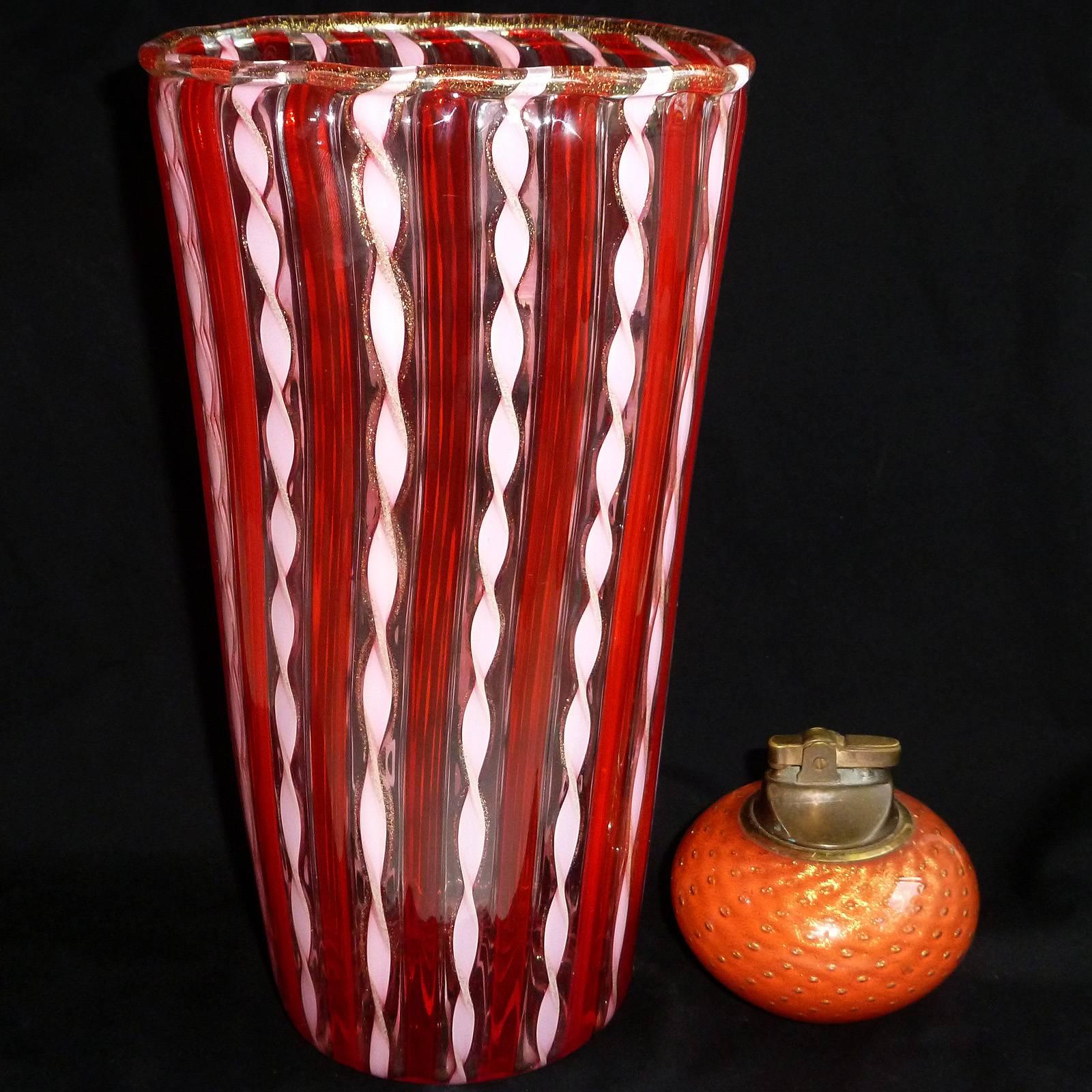 Mid-Century Modern Murano Red Stripes Pink Ribbons Gold Flecks Italian Art Glass Flower Vase