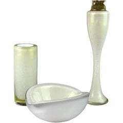 Barbini Murano White Gold Flecks Italian Art Glass Bowl, Vase, Lighter Set