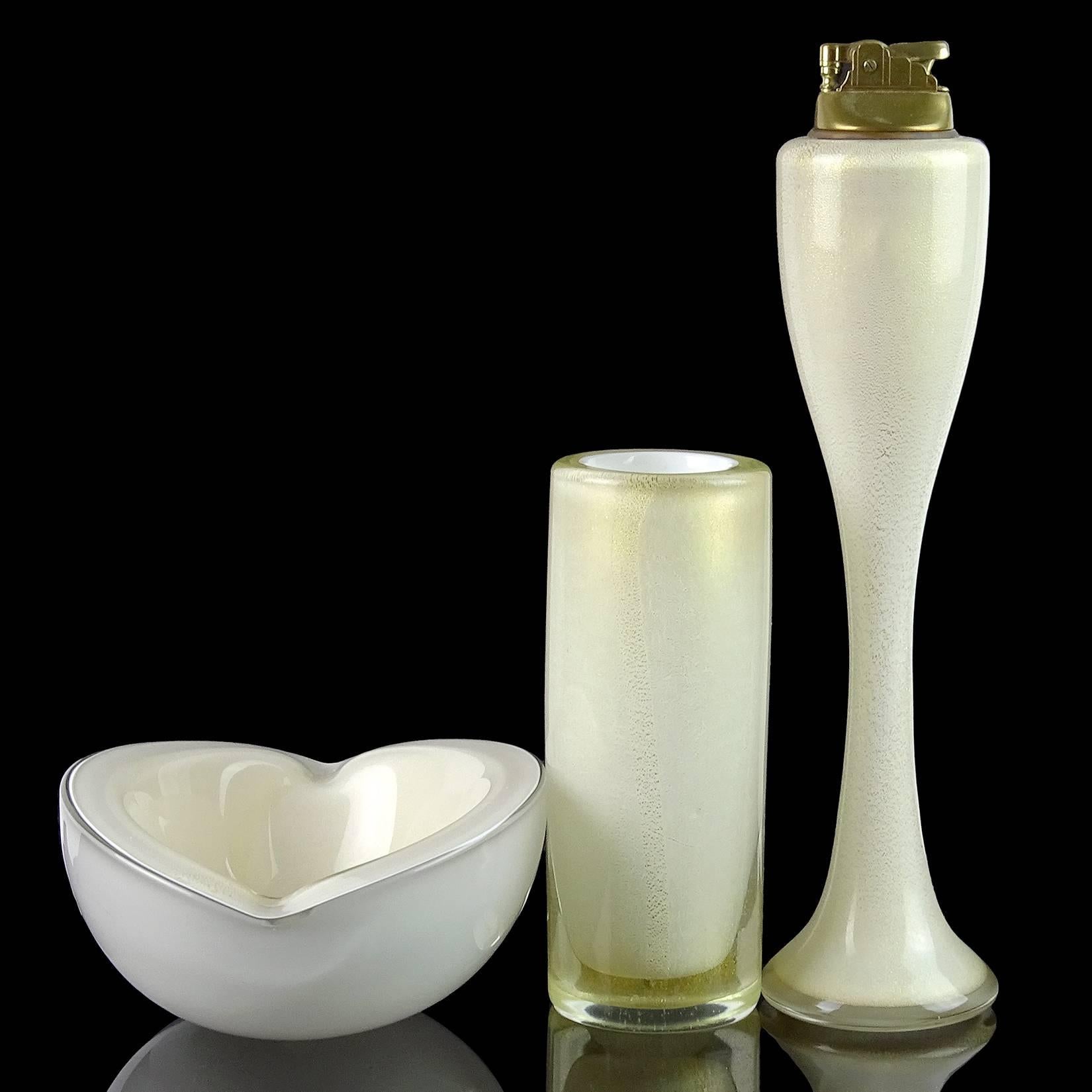 Space Age Barbini Murano White Gold Flecks Italian Art Glass Bowl, Vase, Lighter Set