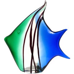 Archimede Seguso Murano, sculpture italienne en verre d'art bleu-vert représentant un poisson ange