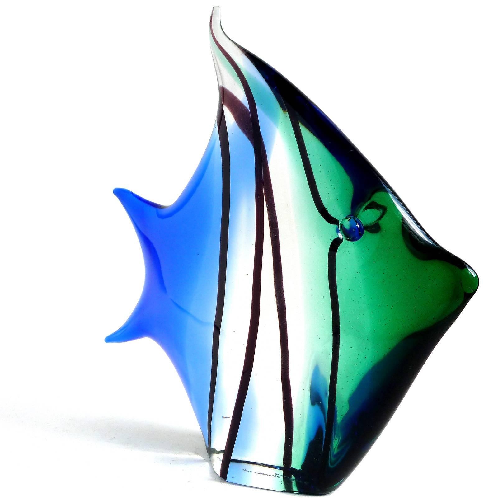 Murano handblown Sommerso blue and green Italian art glass angel fish sculpture. Documented to designer Archimede Seguso, and signed 