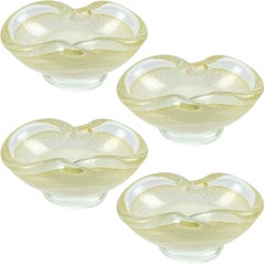 Salviati Murano White Gold Flecks Italian Art Glass Ring Bowls, Salt Dishes