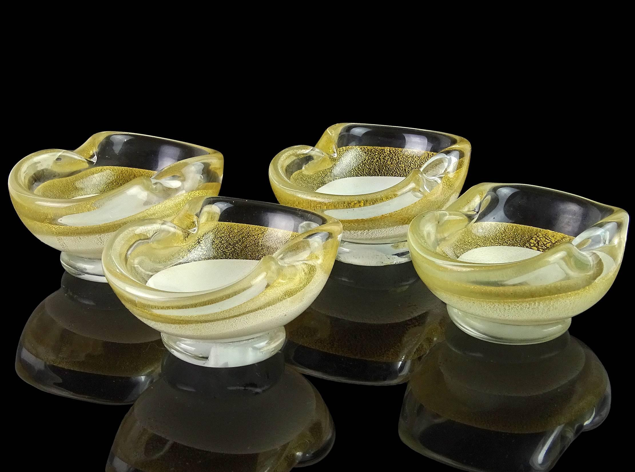 Mid-Century Modern Salviati Murano White Gold Flecks Italian Art Glass Ring Bowls, Salt Dishes