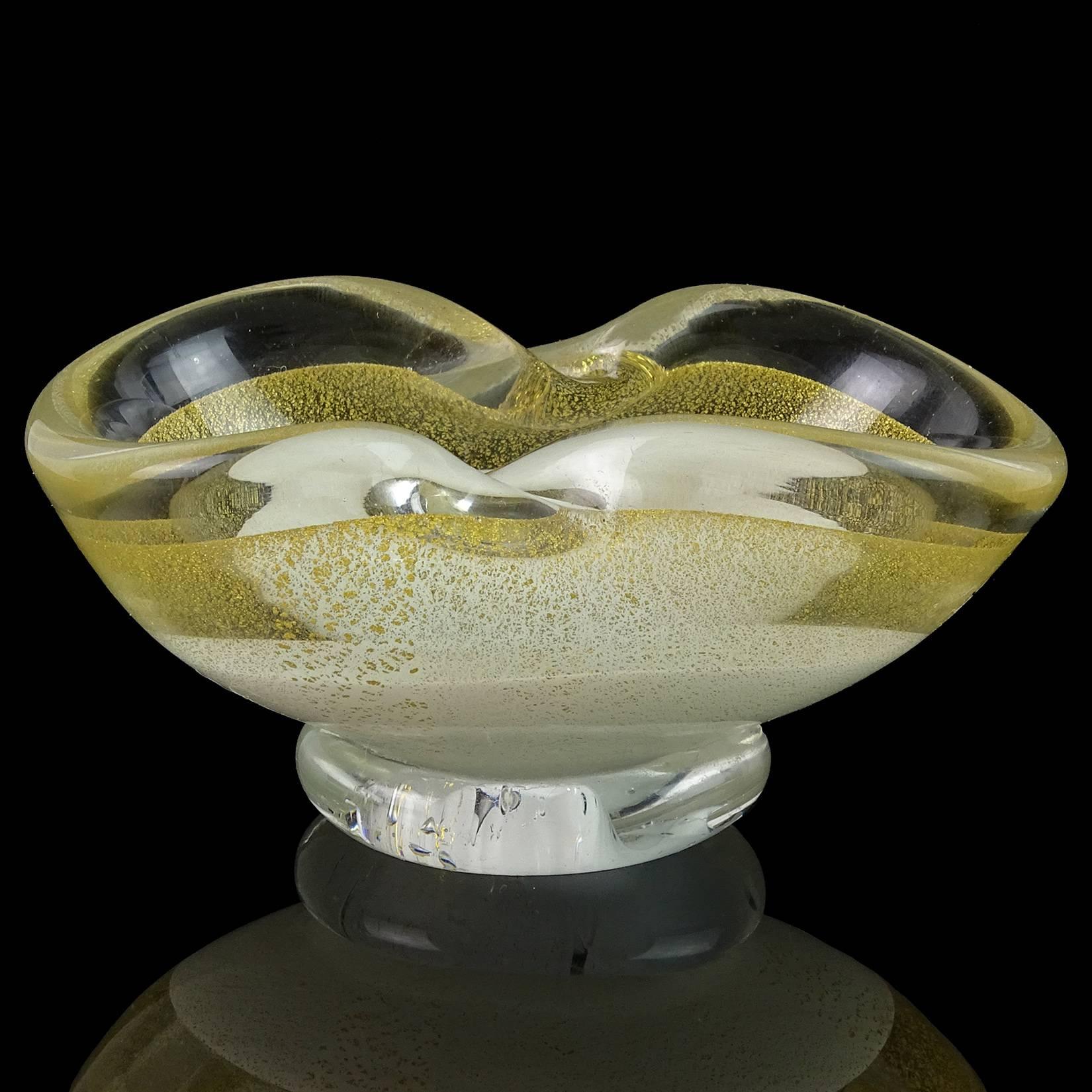 Hand-Crafted Salviati Murano White Gold Flecks Italian Art Glass Ring Bowls, Salt Dishes