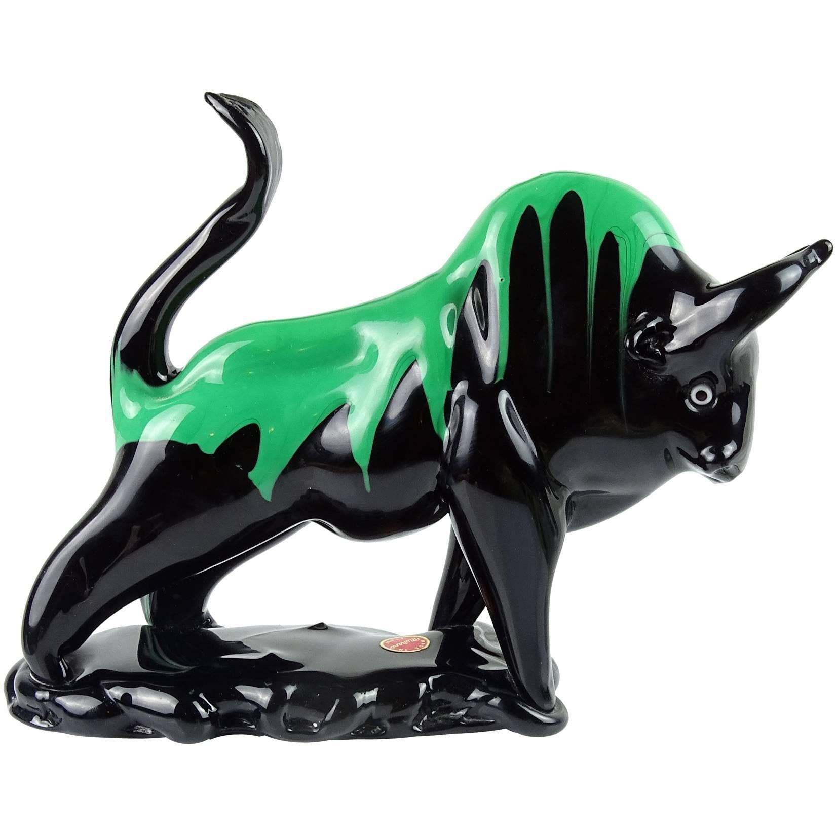 Murano Black Green Drip Taurus Bull Italian Art Glass Figure Sculpture