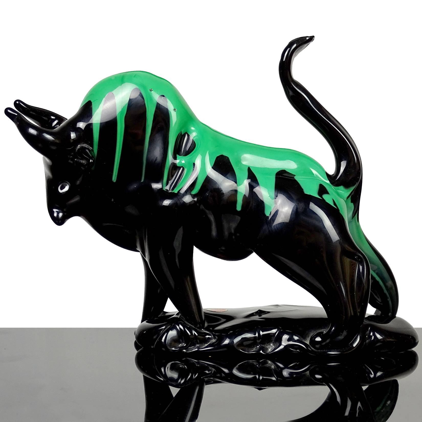 Mid-Century Modern Murano Black Green Drip Taurus Bull Italian Art Glass Figure Sculpture