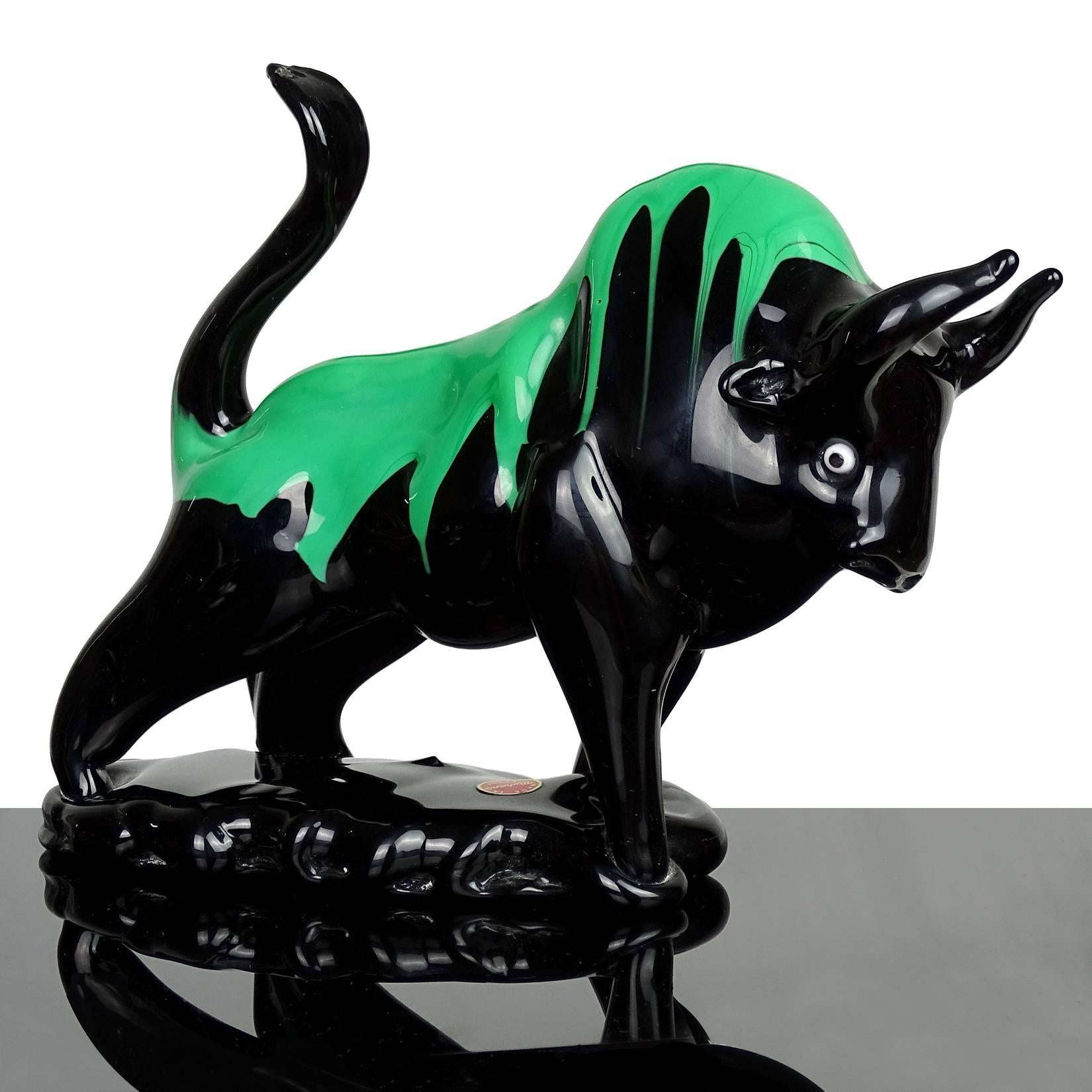 Hand-Crafted Murano Black Green Drip Taurus Bull Italian Art Glass Figure Sculpture