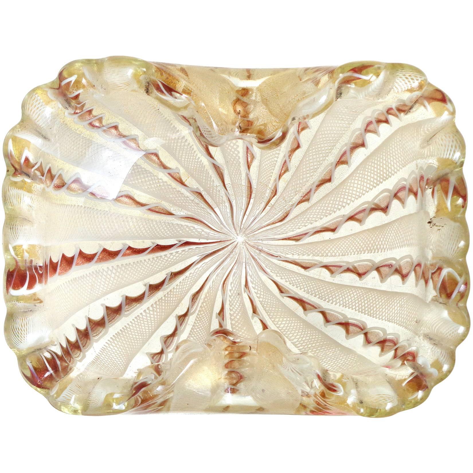 Fratelli Toso Murano White Copper Aventurine Ribbons Gold Italian Art Glass Bowl