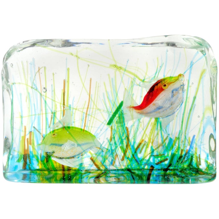Cenedese Murano Yellow Red Gold Fish Italian Art Glass Aquarium Block