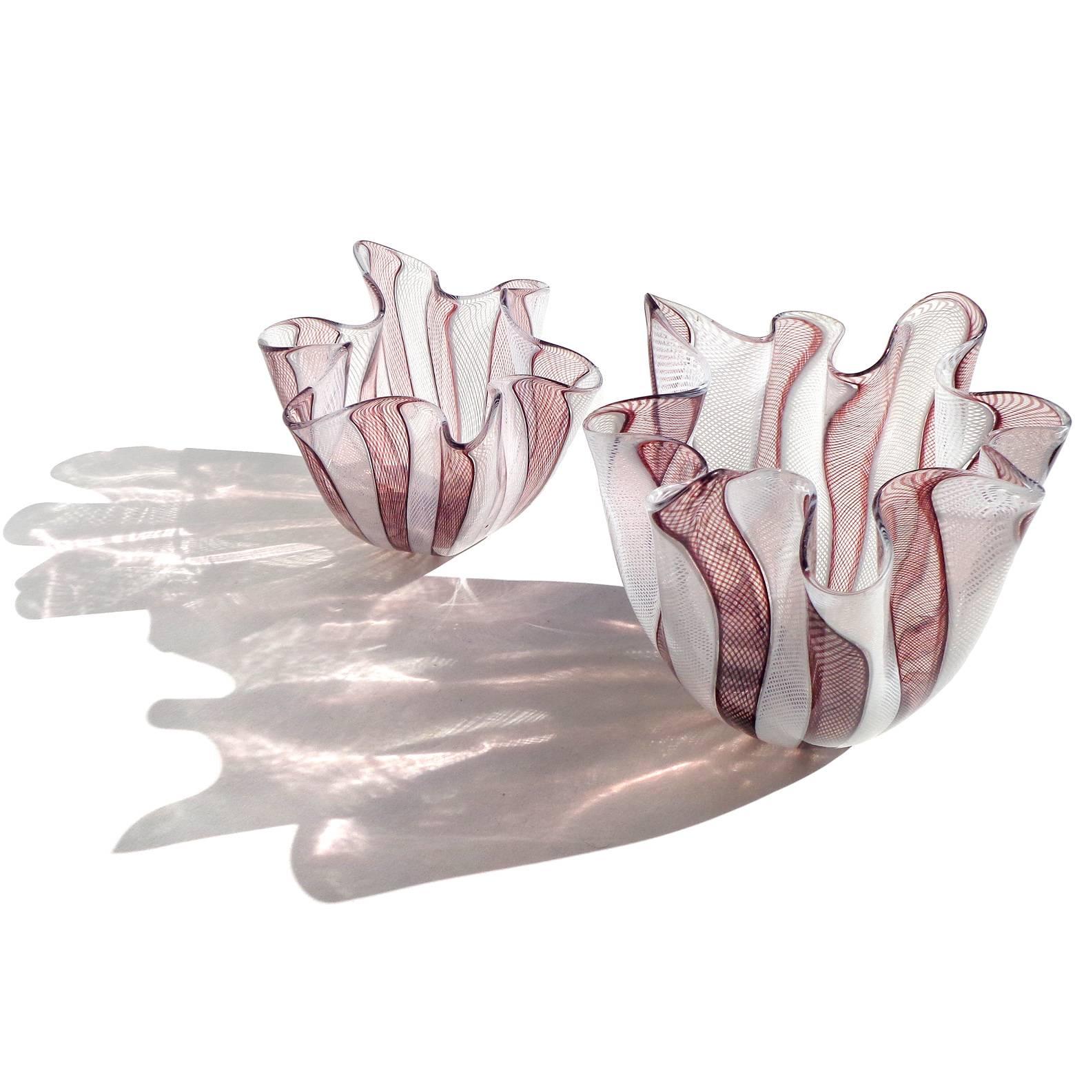 Beautiful set of Murano hand blown tight Zanfirico net ribbons Italian art glass fazzoletto vases. Documented to Paolo Venini and Fulvio Bianconi, both signed 