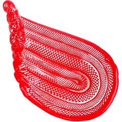 Vintage Murano Bright Red Coiled Ribbons Net Design Italian Art Glass Bowl Dish