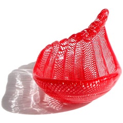 Murano Bright Red Coiled Ribbons Net Design Italian Art Glass Bowl Dish