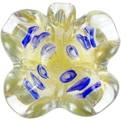 Barovier Toso Murano Gold Flecks Blue Spots Italian Art Glass Leaf Bowl Ashtray