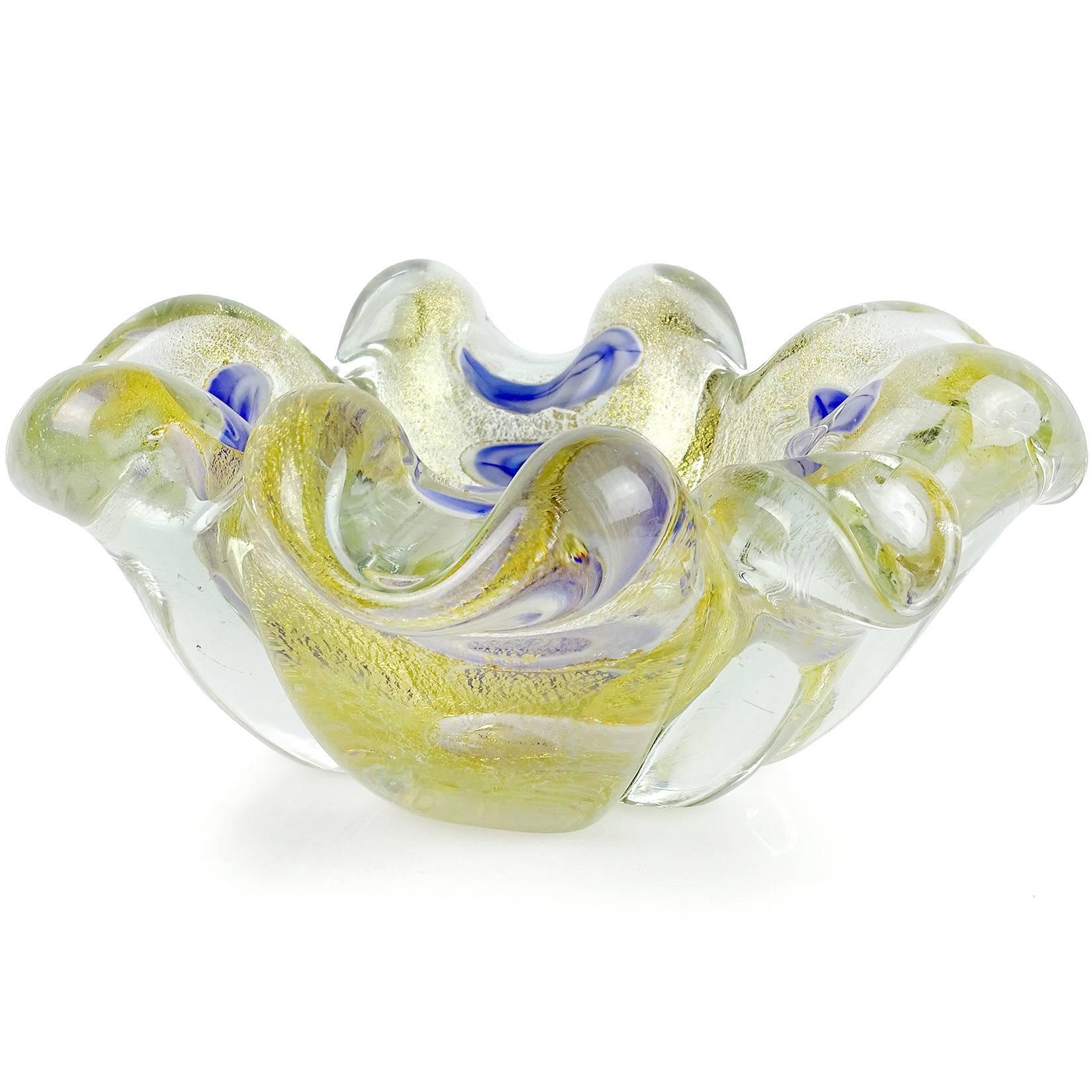 Beautiful Murano hand blown gold flecks with blue and white murrines Italian art glass leaf shaped bowl / cigar ashtray. Attributed to the Barovier e Toso company. Created with very thick and heavy glass. Larger than the photos suggest. Measures 6