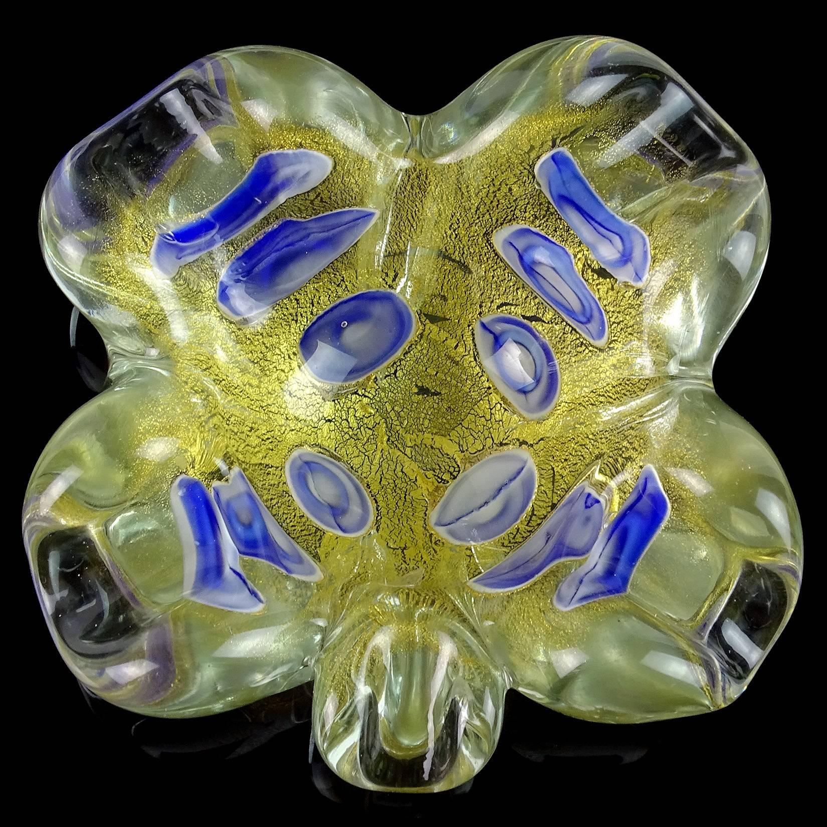 Mid-Century Modern Barovier Toso Murano Gold Flecks Blue Spots Italian Art Glass Leaf Bowl Ashtray