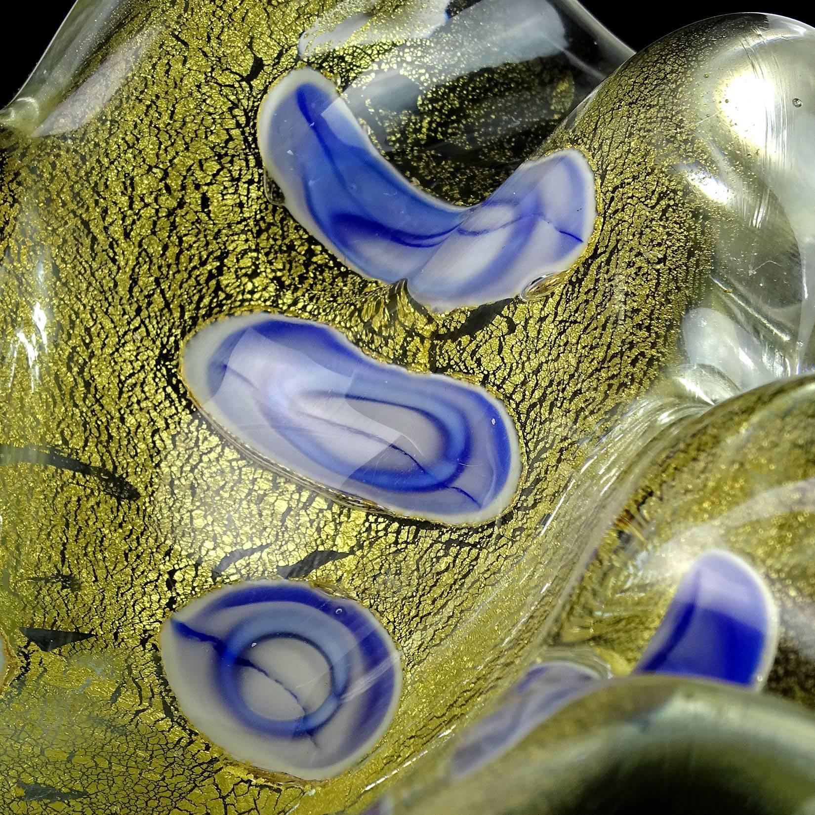 Barovier Toso Murano Gold Flecks Blue Spots Italian Art Glass Leaf Bowl Ashtray In Good Condition In Kissimmee, FL