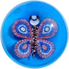 Murano Blue Millefiori Flower Mosaic Italian Art Glass Butterfly Paperweight