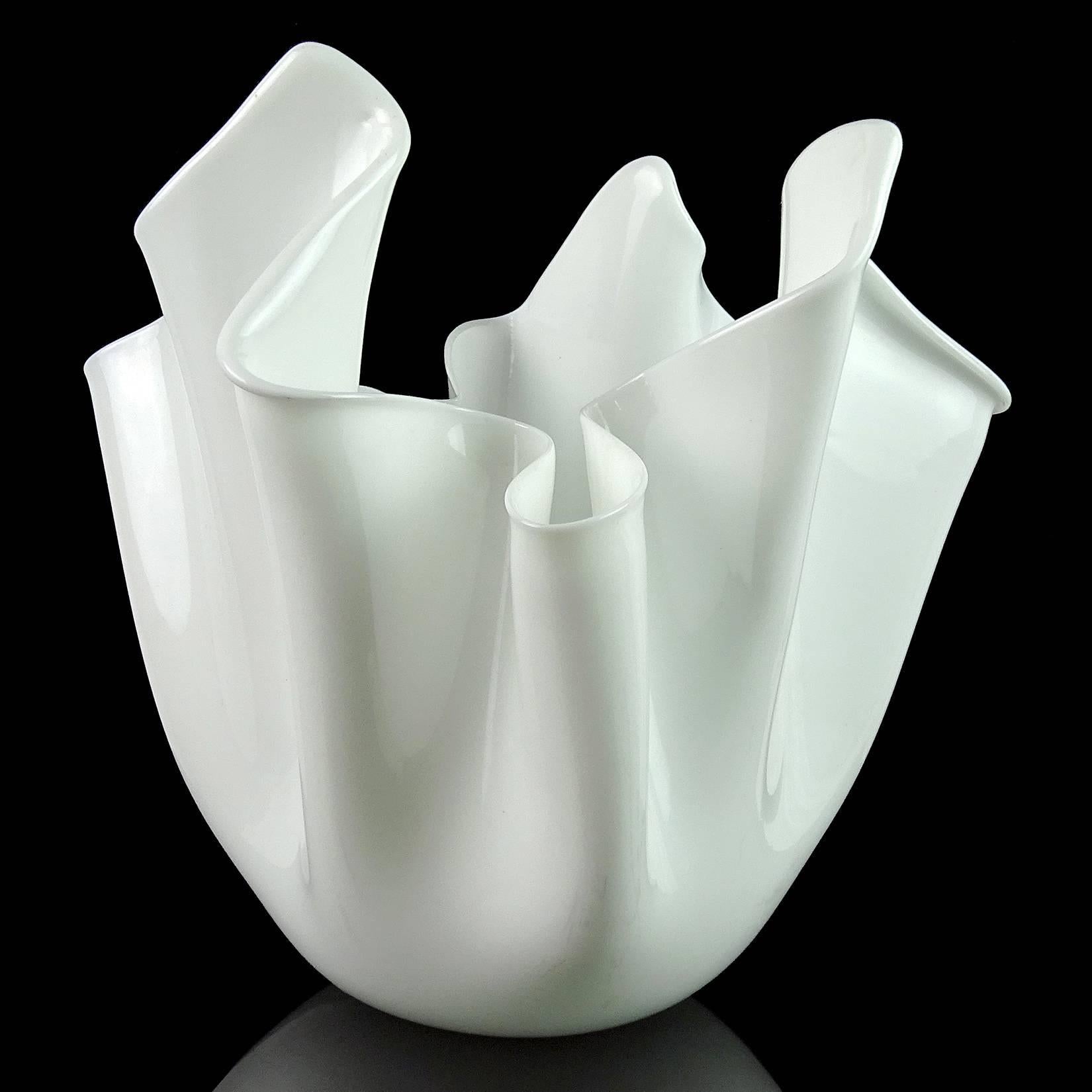 Mid-Century Modern Fulvio Bianconi Venini Murano Lattimo White Italian Art Glass Fazzoletto Vase