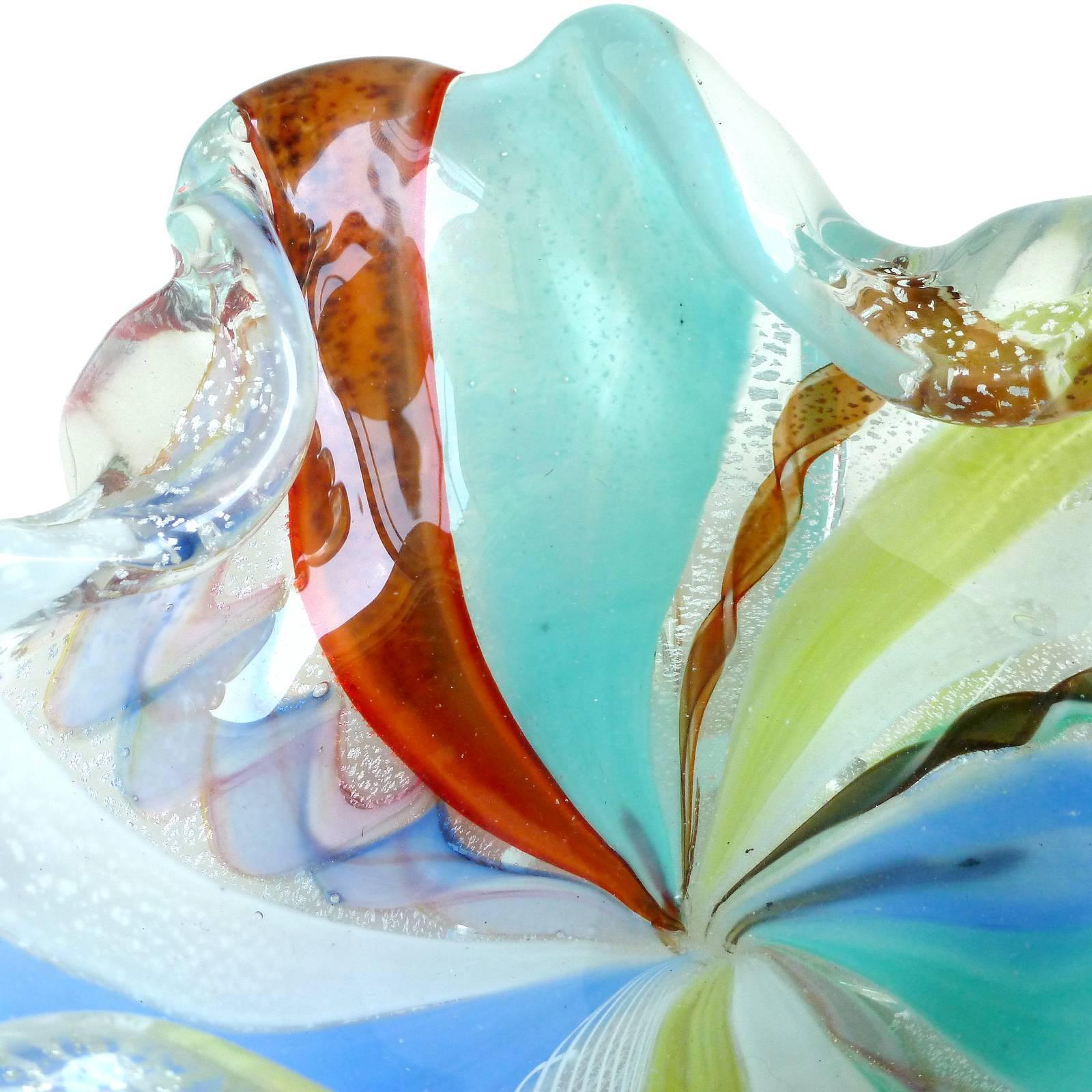 Mid-Century Modern Murano Silver Flecks Zanfirico Ribbons Color Stripes Italian Art Glass Bowls