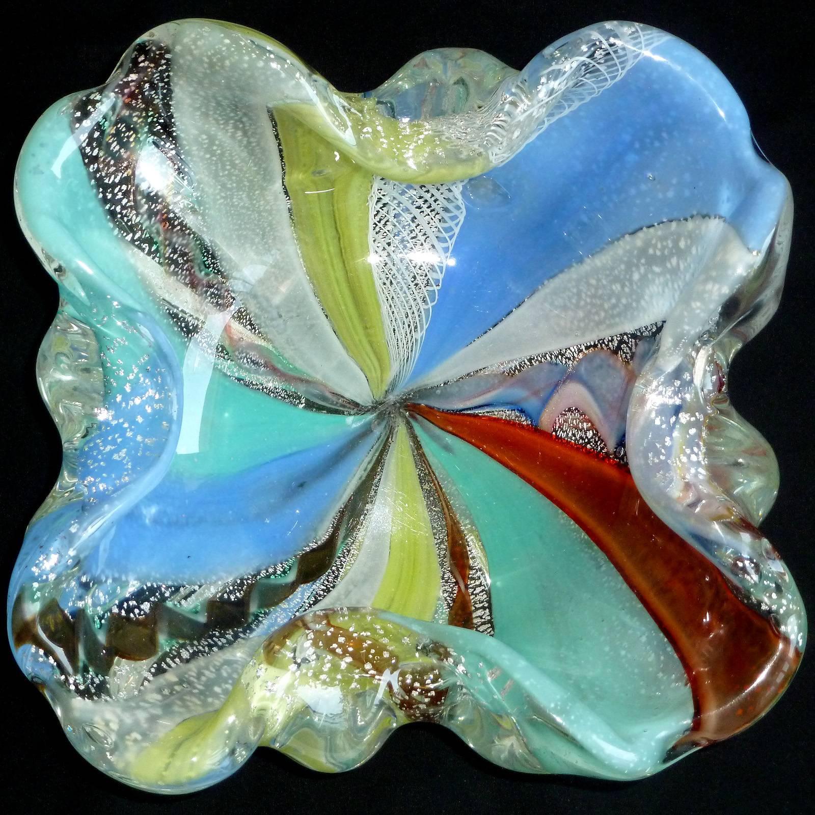 Murano Silver Flecks Zanfirico Ribbons Color Stripes Italian Art Glass Bowls In Good Condition In Kissimmee, FL