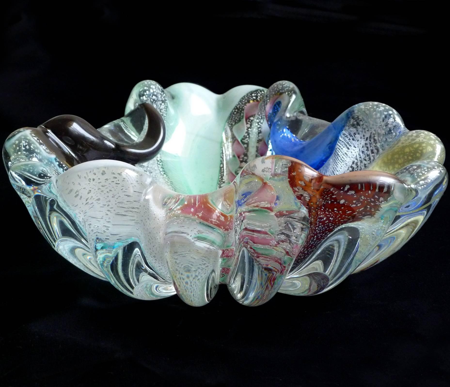 20th Century Murano Silver Flecks Zanfirico Ribbons Color Stripes Italian Art Glass Bowls