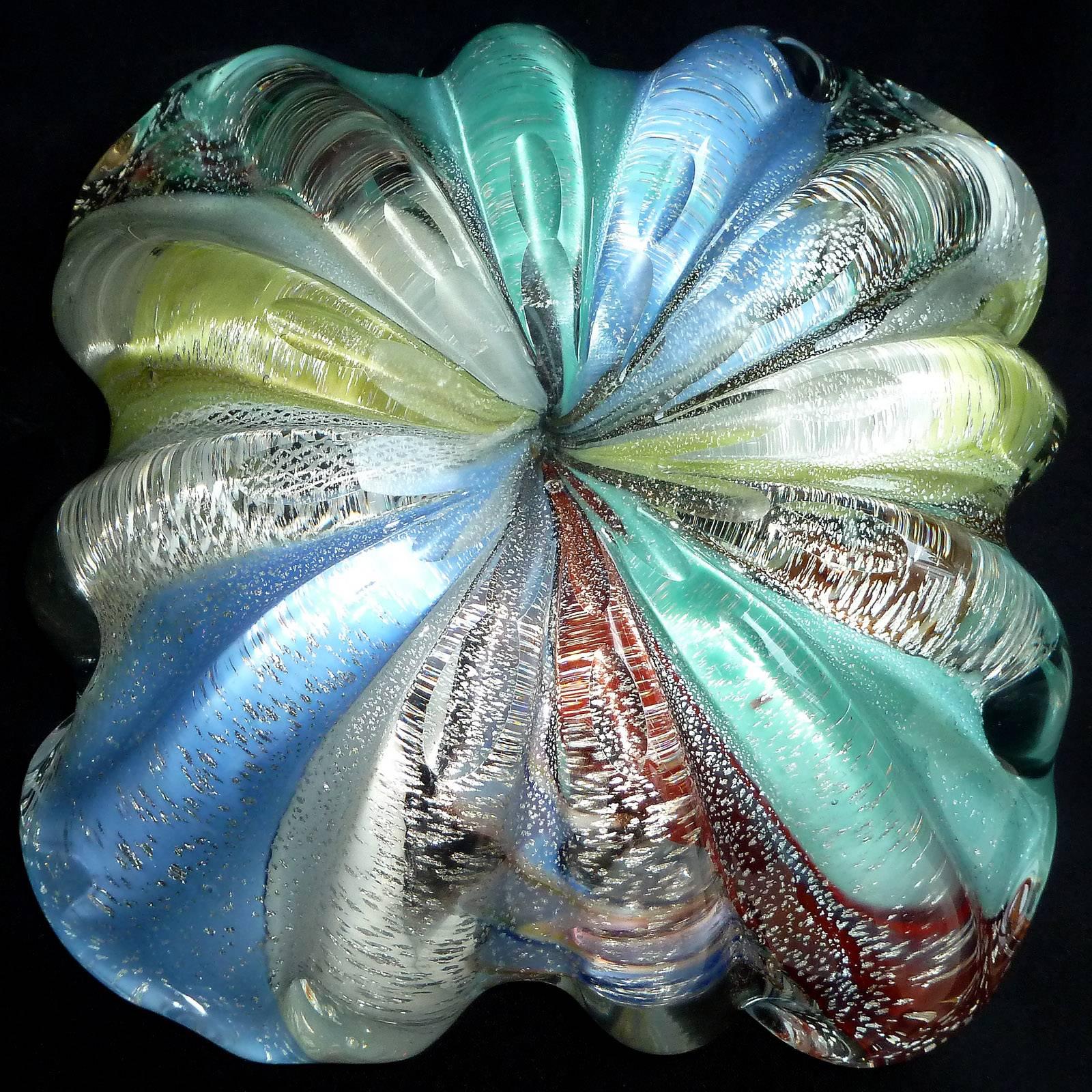 Murano Silver Flecks Zanfirico Ribbons Color Stripes Italian Art Glass Bowls 2