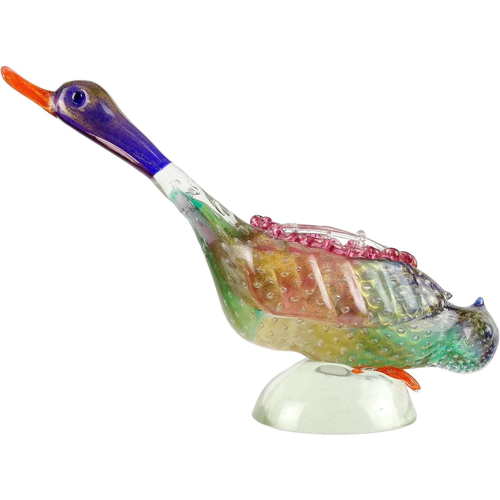 Poli Seguso Murano Rainbow Gold Flecks Italian Art Glass Duck Centrepiece Vase