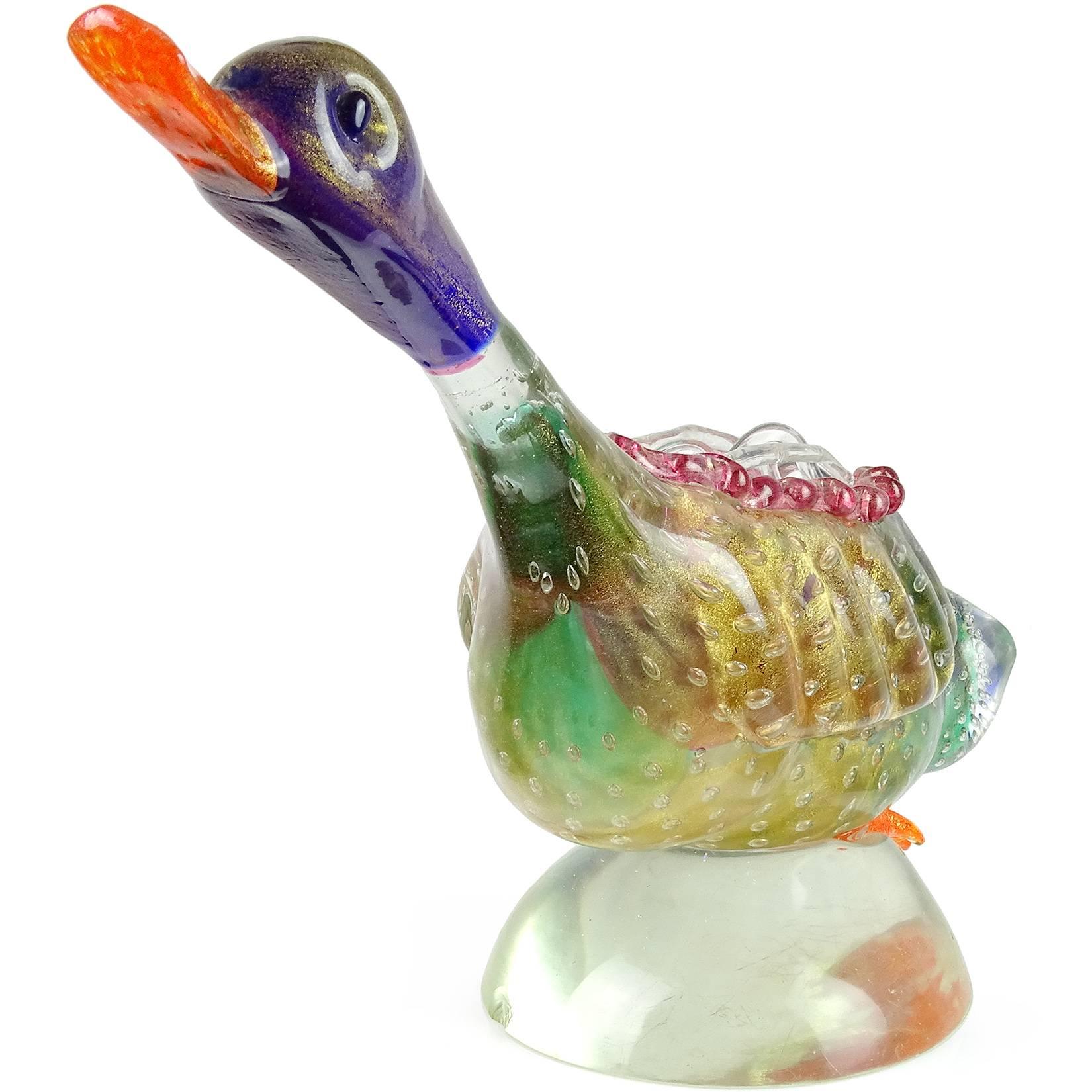 Art Deco Poli Seguso Murano Rainbow Gold Flecks Italian Art Glass Duck Centrepiece Vase