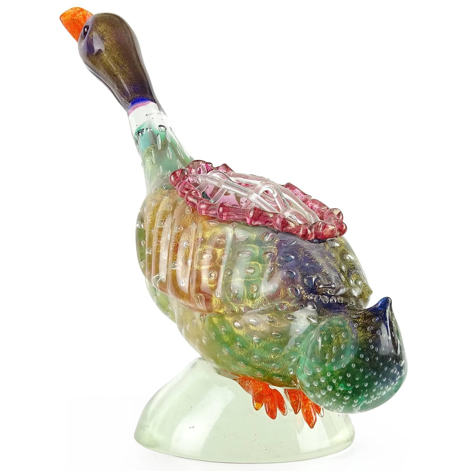 Hand-Crafted Poli Seguso Murano Rainbow Gold Flecks Italian Art Glass Duck Centrepiece Vase