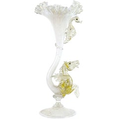 Salviati Venetian Antique Opal Gold Leaf Italian Art Glass Pegasus Seahorse Vase