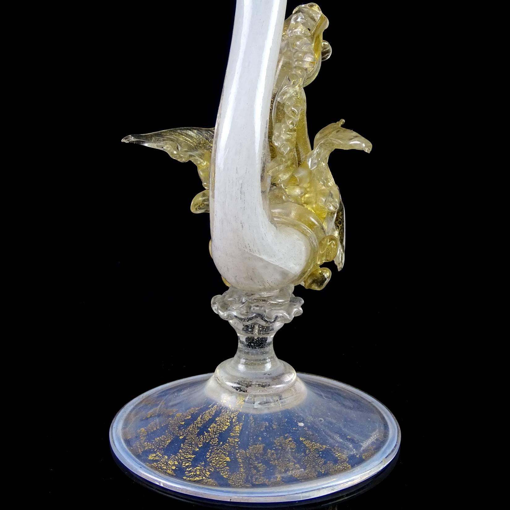 Hand-Crafted Salviati Venetian Antique Opal Gold Leaf Italian Art Glass Pegasus Seahorse Vase