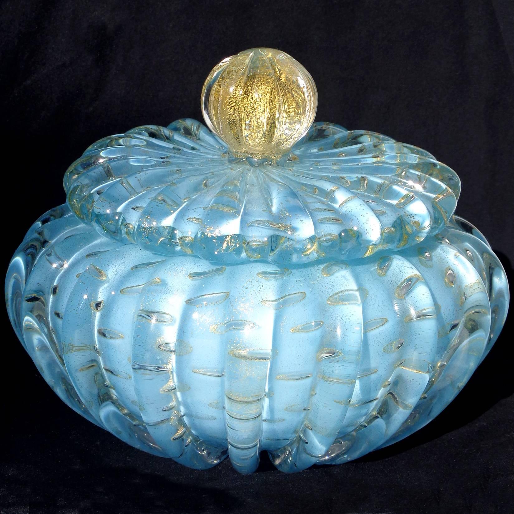 Mid-Century Modern Alfredo Barbini Murano Blue Gold Flecks Italian Art Glass Vanity Powder Box