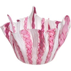 Fratelli Toso Murano Pink White Ribbons Italian Art Glass Fazzoletto Vase