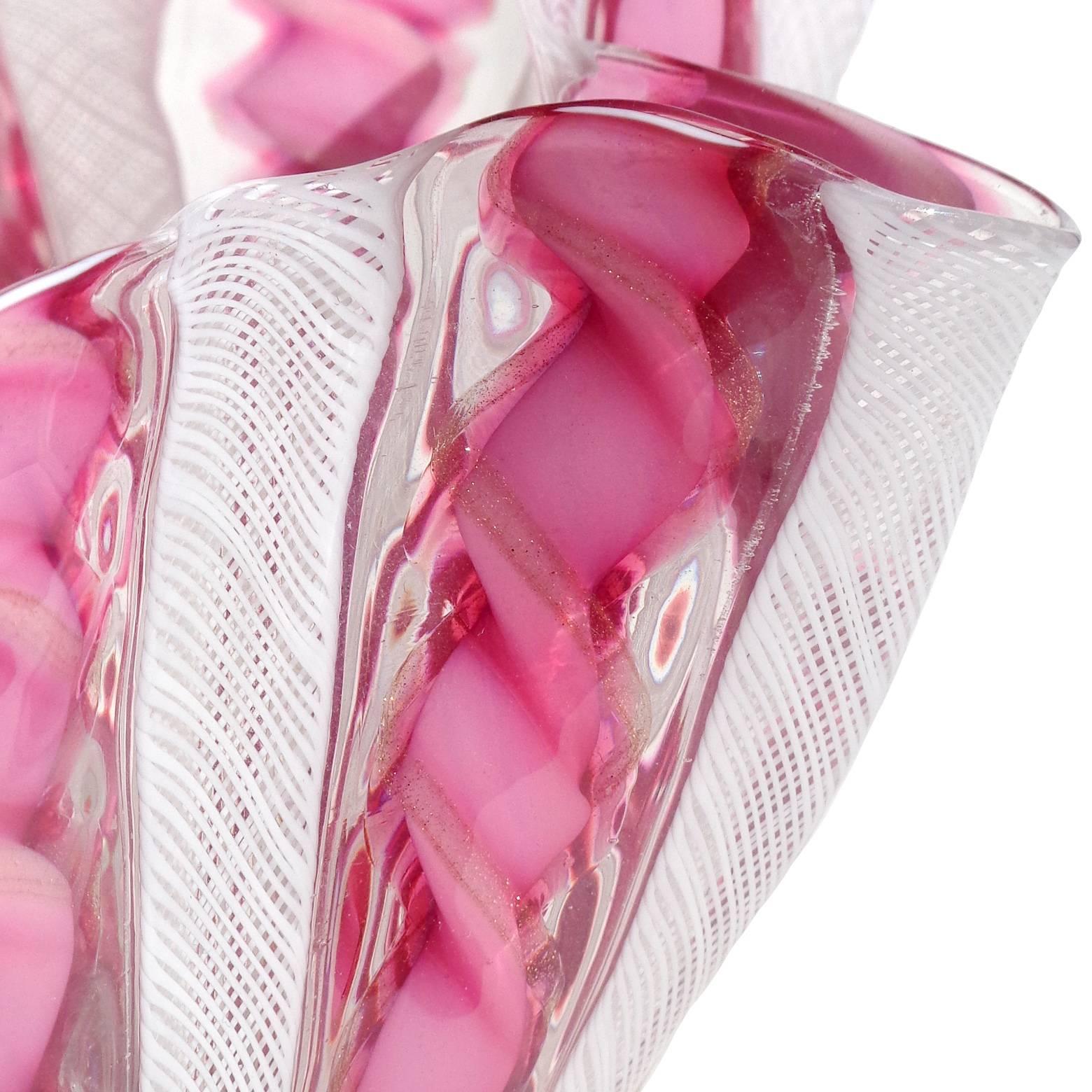 Gorgeous Murano hand blown pink, white, and aventurine ribbons Italian art glass handkerchief / fazzoletto vase. Documented to the Fratelli Toso Company. Made with pink white zanfirico and pink with twisting copper aventurine ribbons. Measures: 8