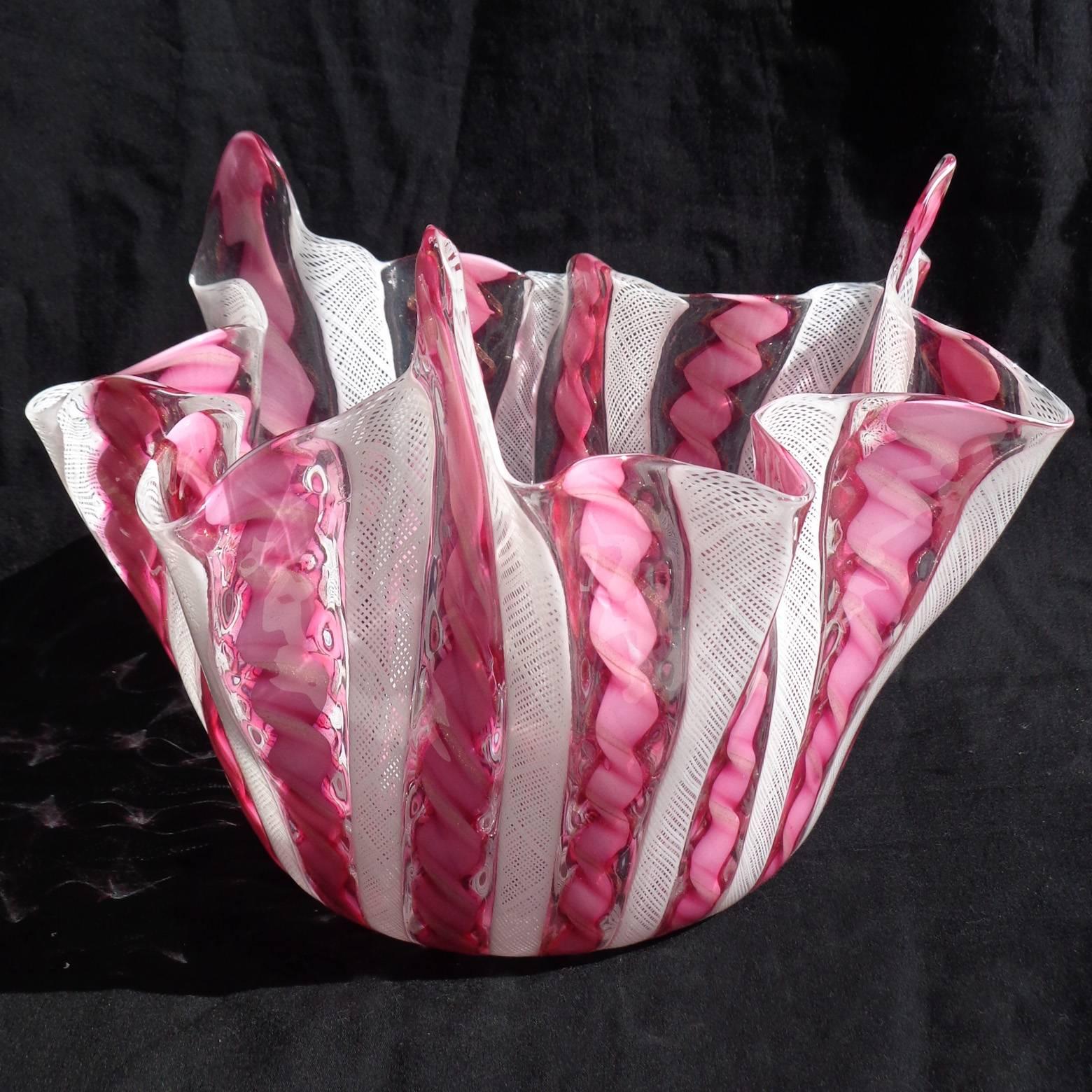 Mid-Century Modern Fratelli Toso Murano Pink White Ribbons Italian Art Glass Fazzoletto Vase