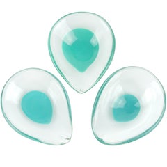 Venini Murano Signed Teal Green Blue Italian Art Glass Teardrop Ring Dishes