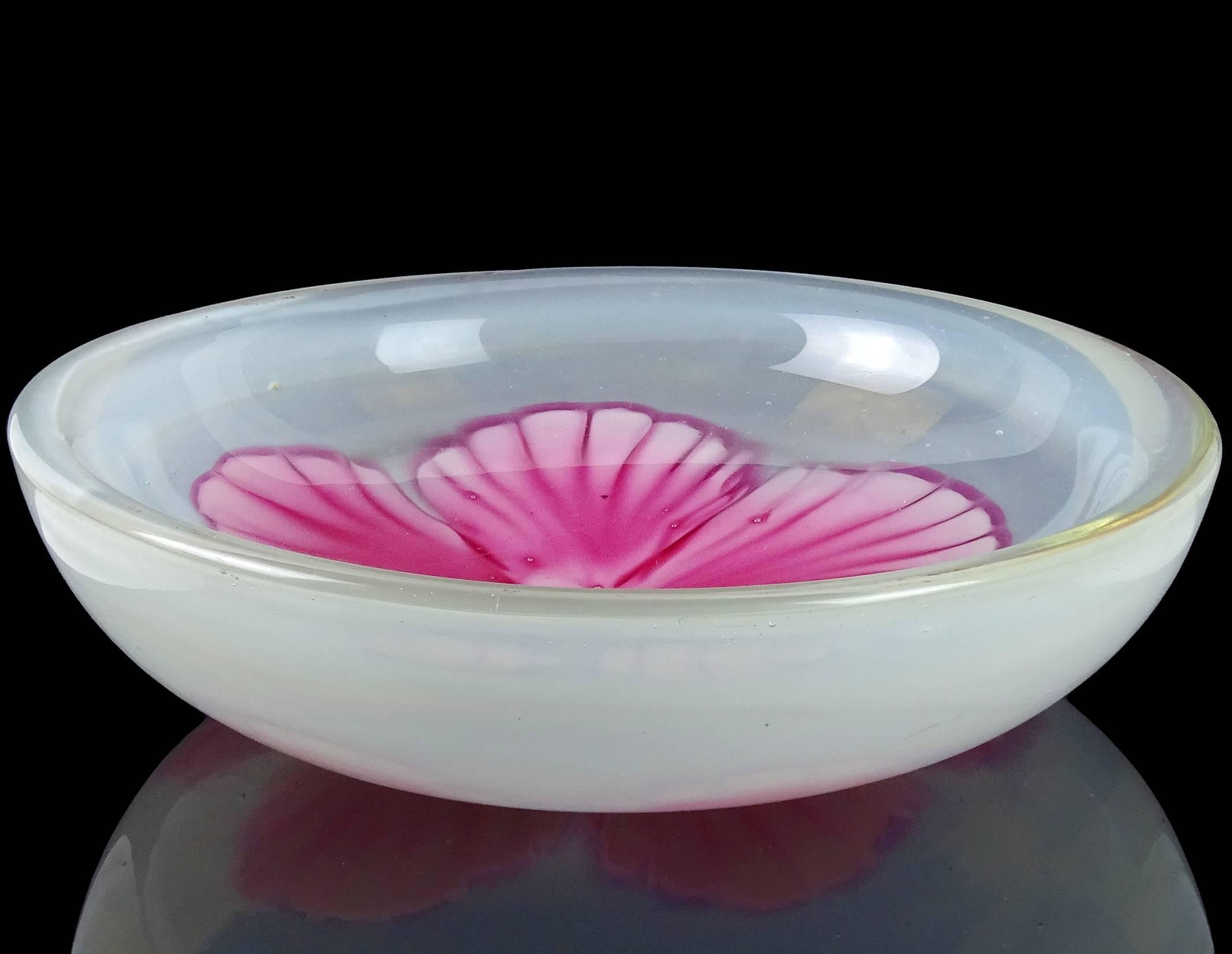 Mid-Century Modern Murano Opalescent Pink Hibiscus Flower Italian Art Glass Centerpiece Bowl