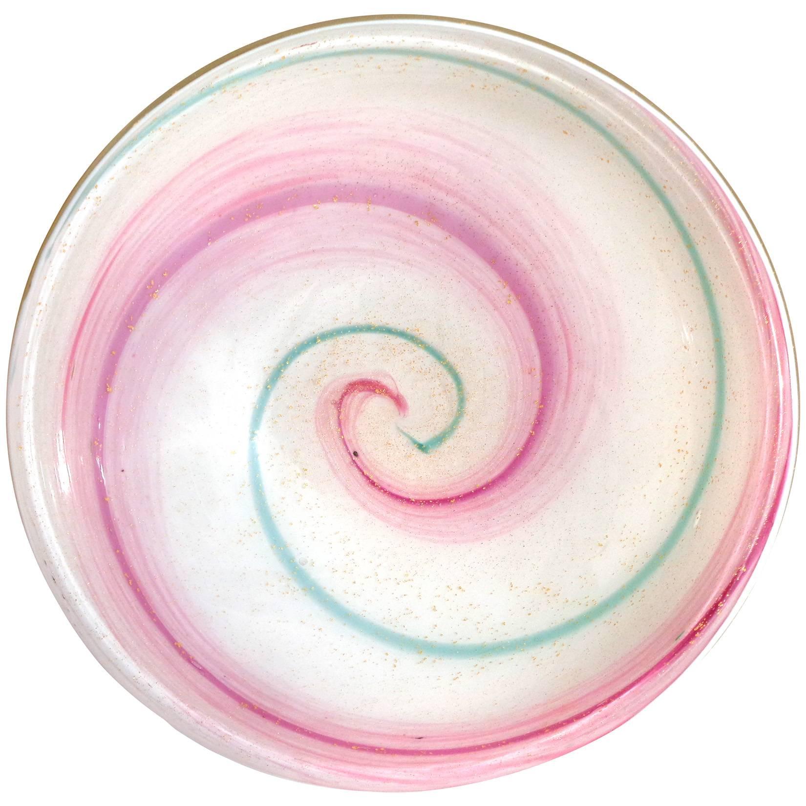 Murano Pink Aqua Green Swirl Gold Flecks Italian Art Glass Decorative Bowl