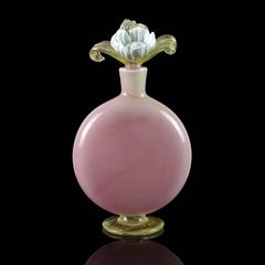 Murano Pink Gold Leaf Incamiciato Flower Top Italian Art Glass Perfume Bottle