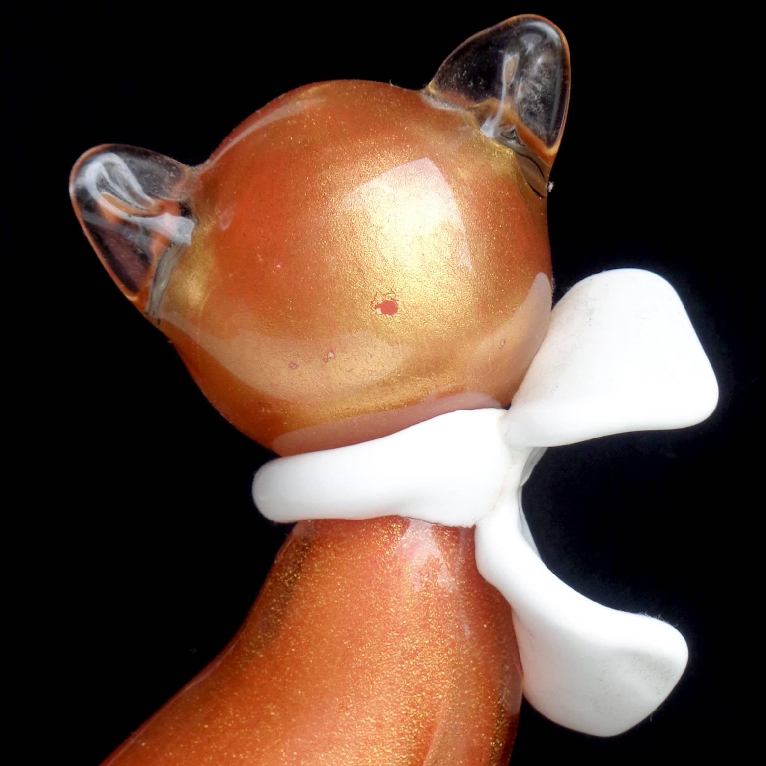 Hand-Crafted Alfredo Barbini Murano Orange Gold Flecks Italian Art Glass Kitty Cat Figure