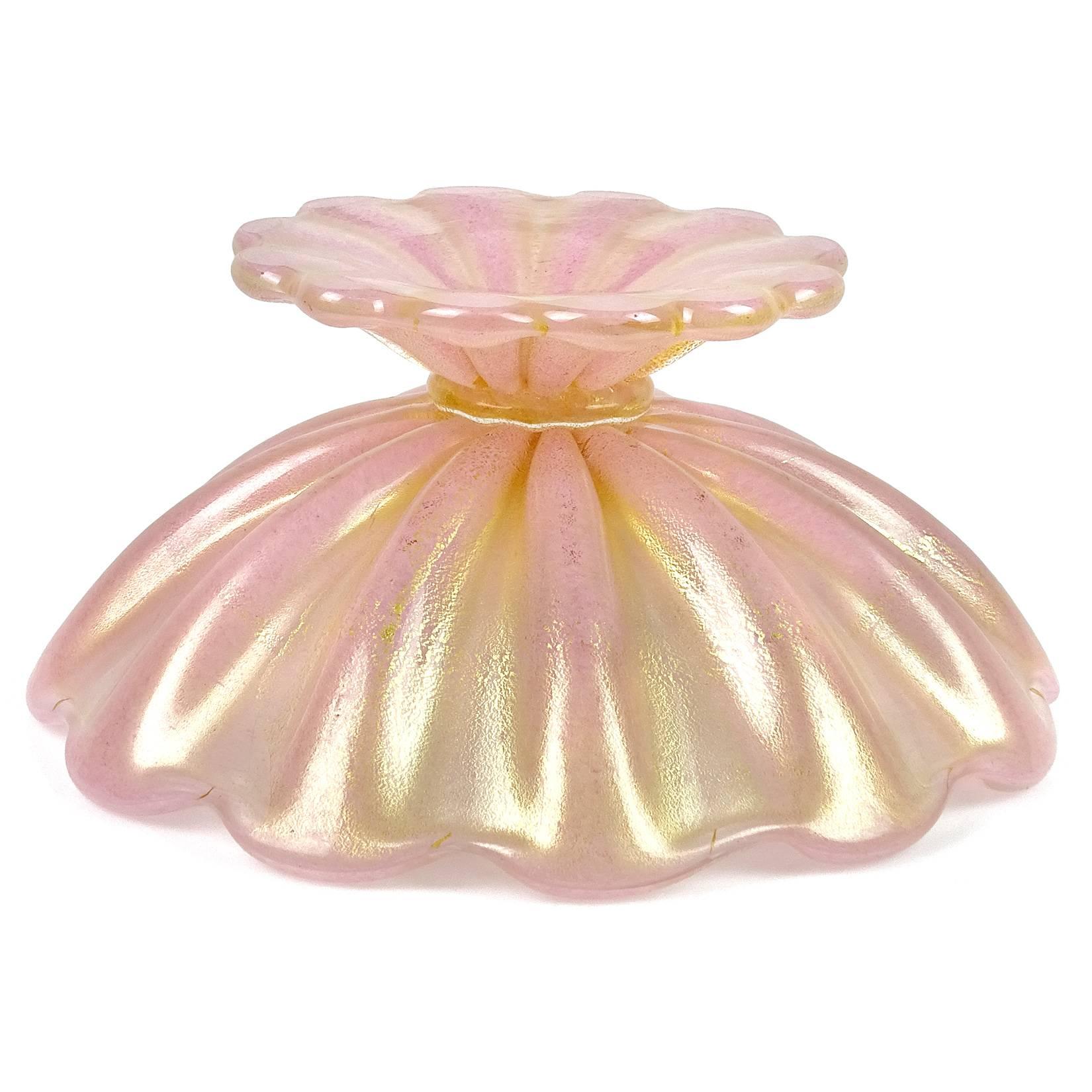 Hand-Crafted Barovier Toso Murano Pink Gold Flecks Italian Art Glass Ribbed Compote Bowl