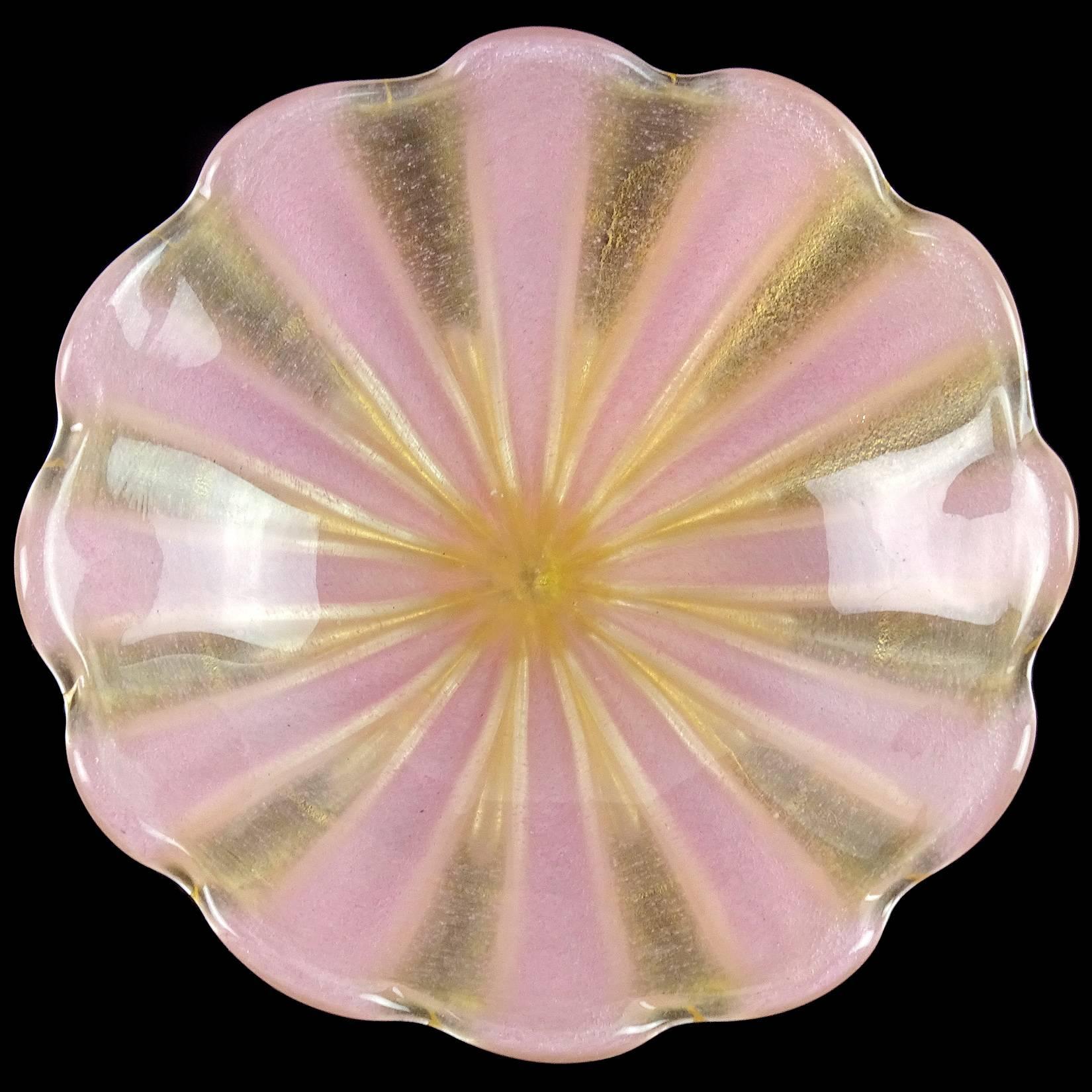Gorgeous Murano hand blown pink and gold flecks Italian art glass compote bowl with scalloped design. Documented to designer Ercole Barovier for Barovier e Toso. Created in the 