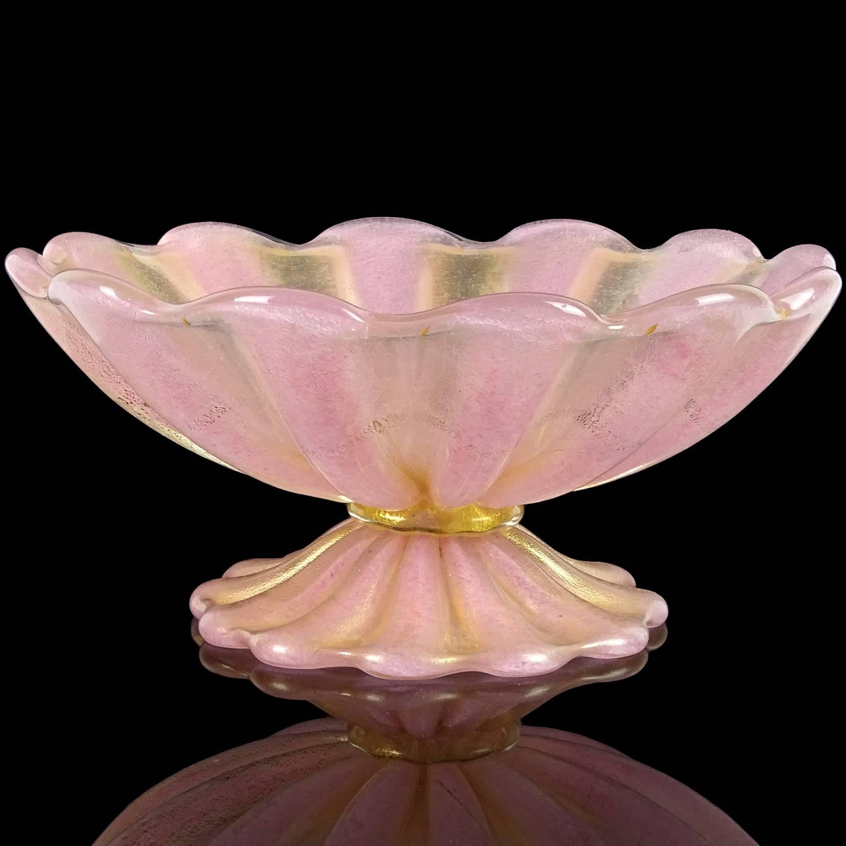 Mid-Century Modern Barovier Toso Murano Pink Gold Flecks Italian Art Glass Ribbed Compote Bowl