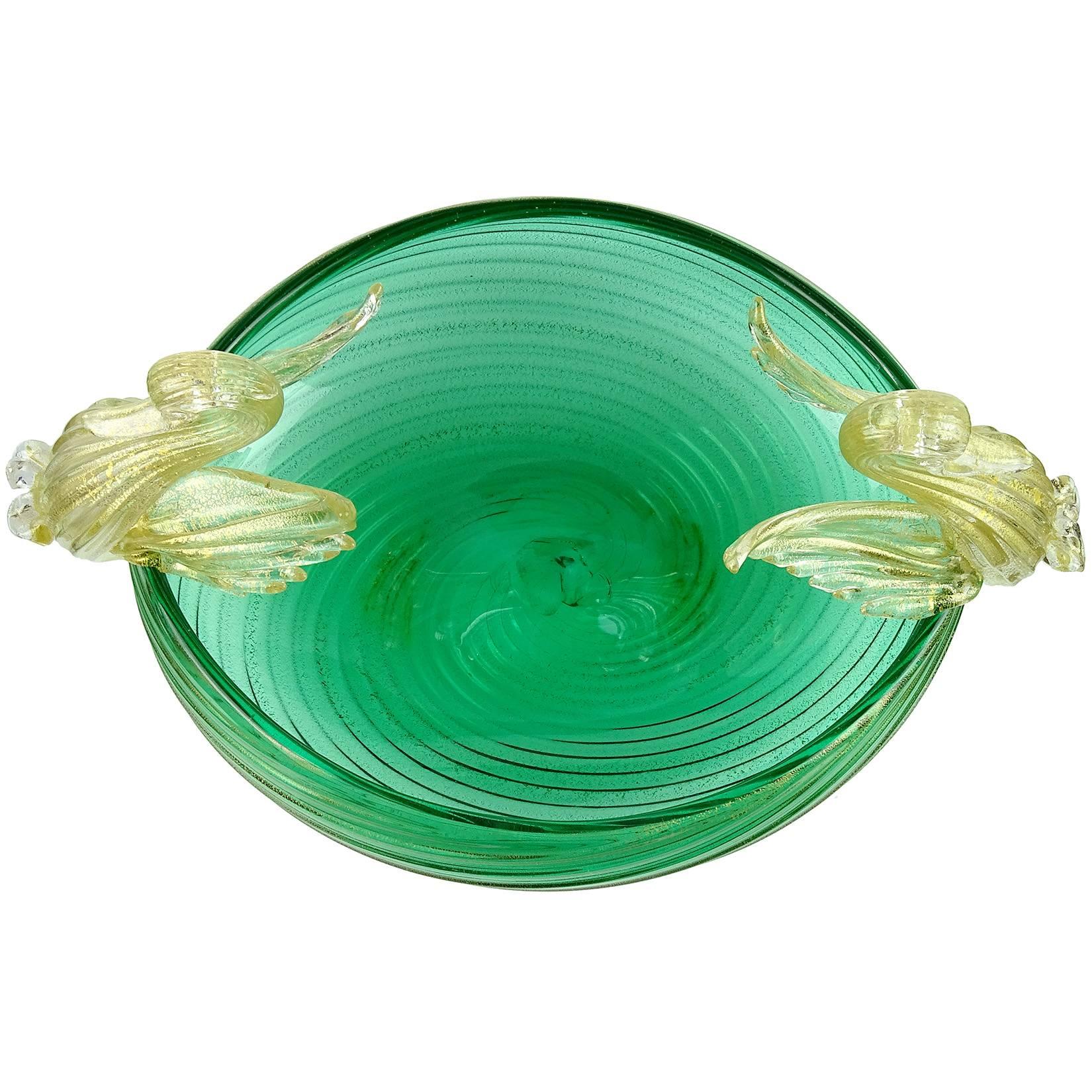 Beautiful Venetian style Murano hand blown green and gold flecks Italian art glass swans bowl. Documented to the Seguso Vetri d'Arte company, circa 1946. Seen in their photo archives, and published in the company's new book, item number 8093. The