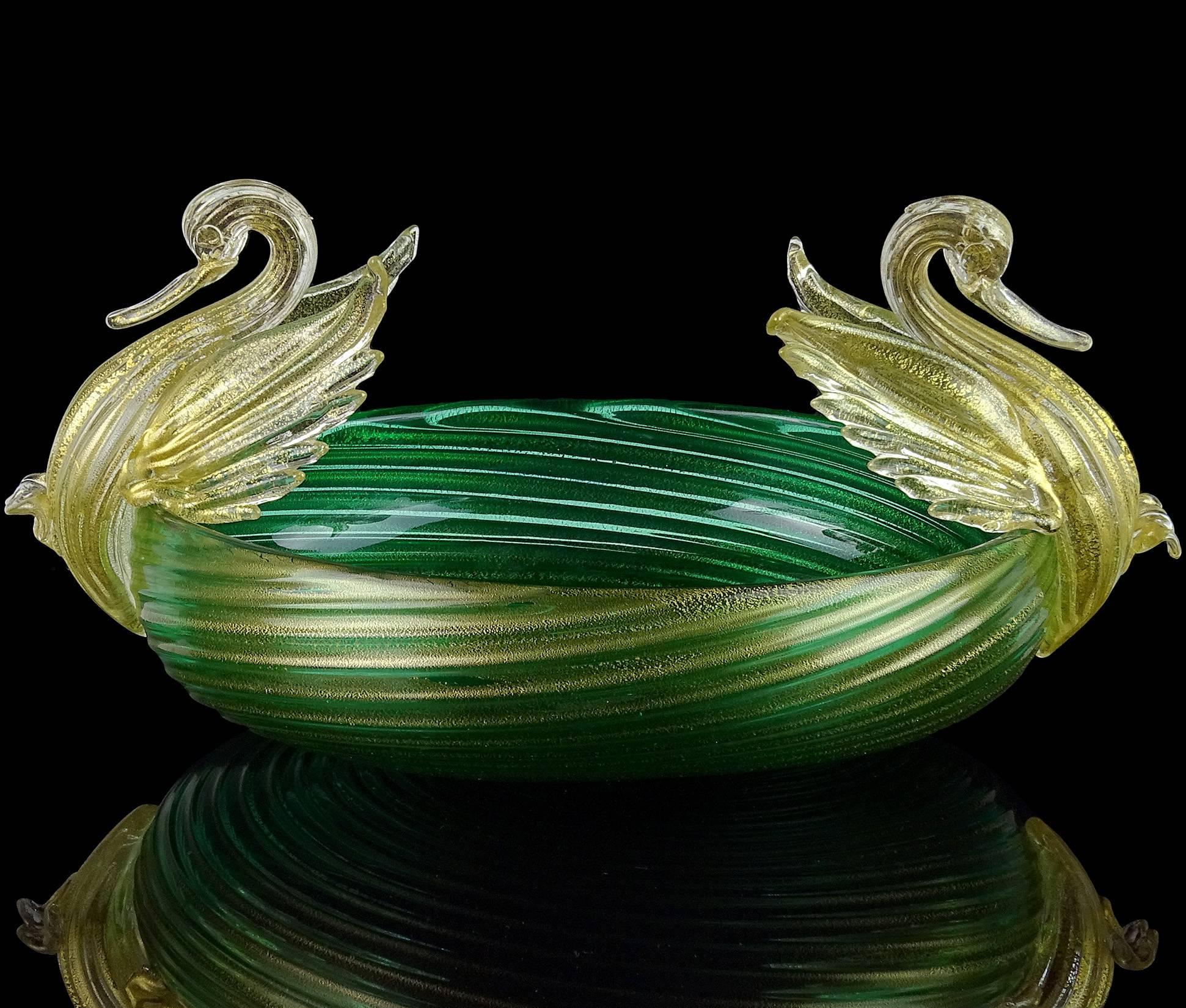 Mid-Century Modern Seguso Vetri d'Arte Murano Green Gold Flecks Italian Art Glass Double Swan Bowl